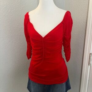 Ruched V Neck Top‎ 3/4 Sleeve Blouse Red Fitted Party Cocktail